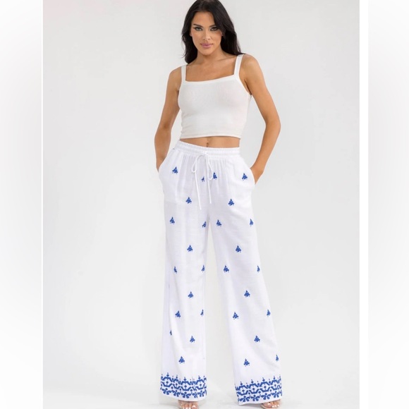 Milk & Honey Pants - Bohemian Wide Leg Embroidered Linen Pants